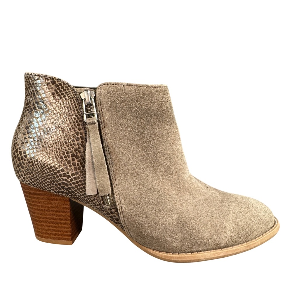 Vionic Womens Ankle Boots Taupe Suede Snakeskin Block Heel Booties Size 7.5